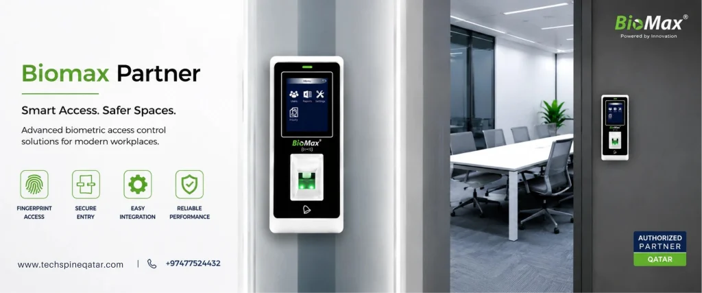 Biomax access control dealer qatar banner showcasing biometric door access system for office security solutions
